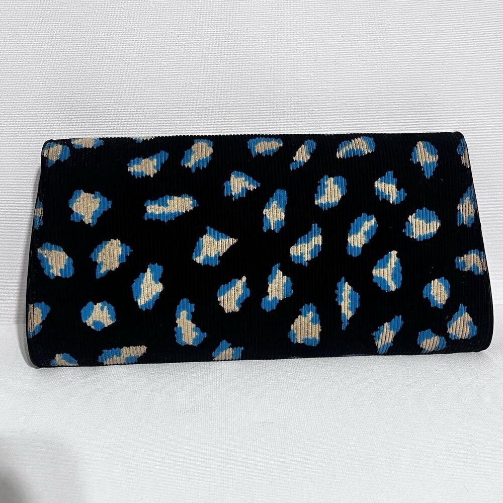 Marc Jacobs Abstract Leopard Print Corduroy Flap Clutch Blue Beige Button - Picture 3 of 16